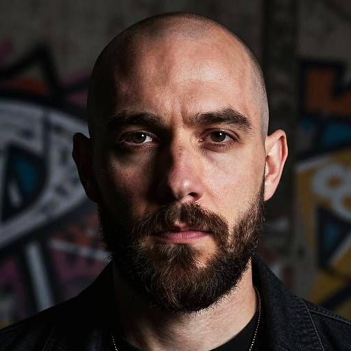 Photograph of a bald, bearded man with dark eyebrows and brown eyes, wearing a black jacket, against a blurred graffiti background.
