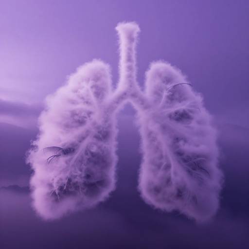 Photograph of ethereal, misty lungs with wispy textures, floating against a deep purple, gradient background, creating a surreal, otherworldly