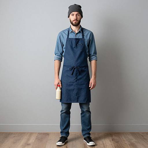 Photograph of a bearded man in a black beanie, blue shirt, navy apron, jeans, and black sneakers, holding a milk bottle