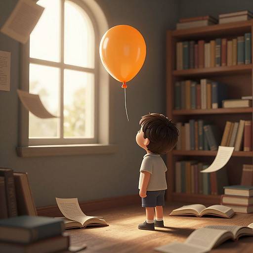 Digital illustration of a young boy with short brown hair, wearing a white shirt and blue shorts, gazing at an orange balloon in a sunlit library