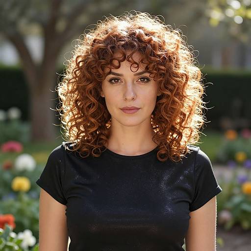 Photograph of a fair-skinned woman with bright red, curly hair, wearing a black shirt, standing in a sunlit garden with colorful flowers in