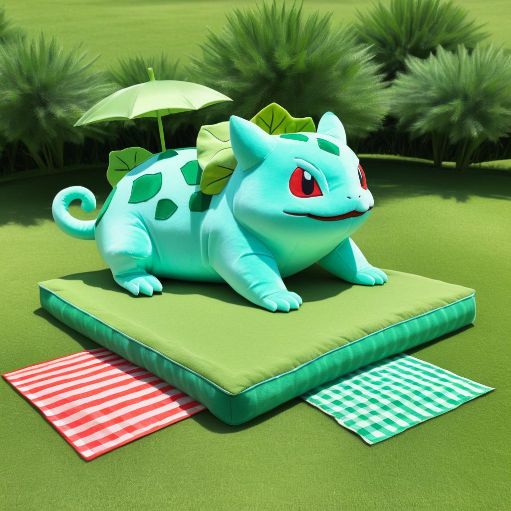 Playful Bulbasaur Picnicking in Surreal Scene