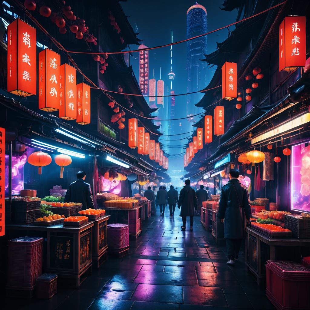 Hyperrealistic Shanghai Night Market in 8K