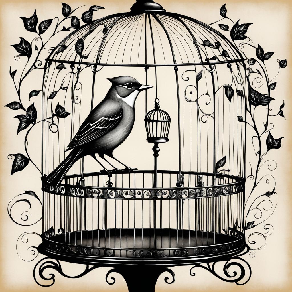 Whimsical Nightingale on Vintage Birdcage