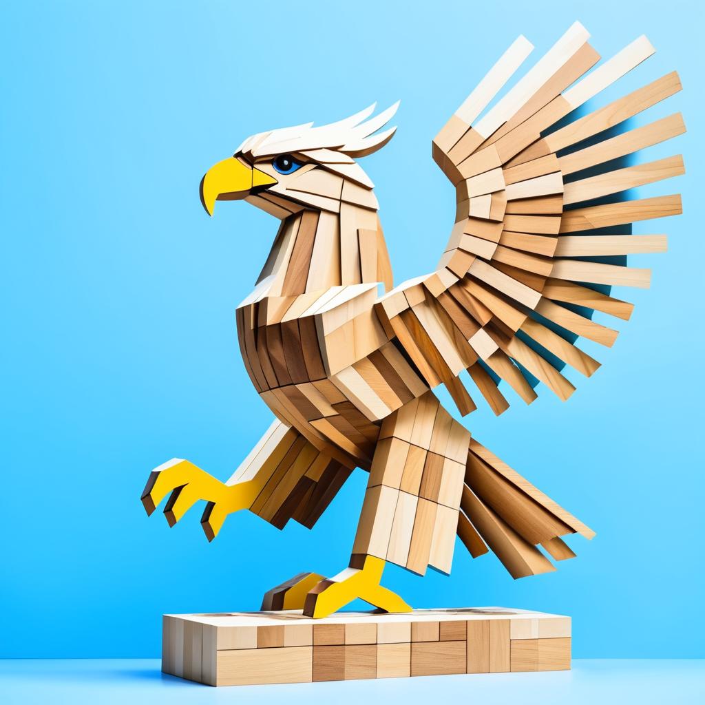 Wooden Block Eagle on Azure Canvas