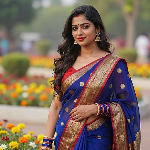 Indian Woman Wearing Blue and Red Banarasi Sari in Garden