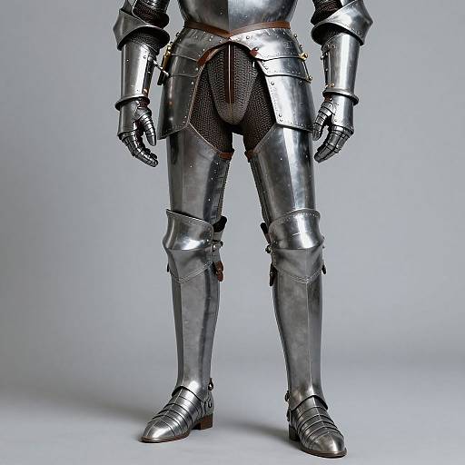 Photograph of a detailed, full-body, medieval knight's armor with shiny silver metal, leather straps, and dark mesh padding, standing against a plain