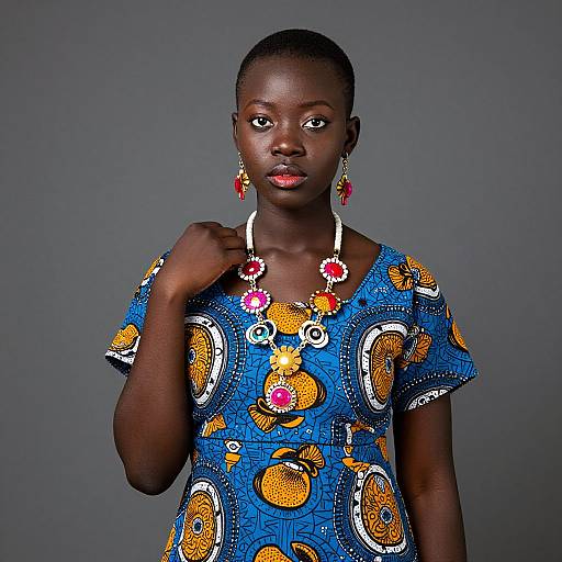 Photograph of a dark-skinned woman with short hair, wearing a vibrant blue dress with orange and white patterns, and red flower earrings, against a