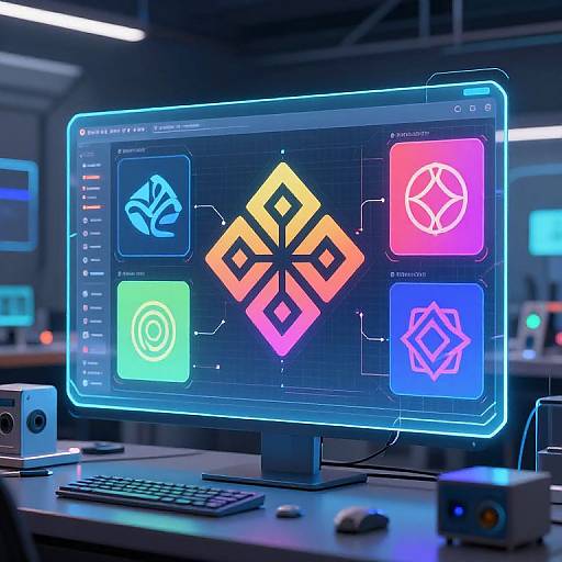 Neon-lit computer monitor displaying vibrant, glowing geometric icons in blue, green, pink, and orange on a dark background. Modern office setting with