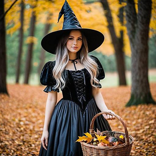 Woman in Witch Costume Holding Autumn Basket