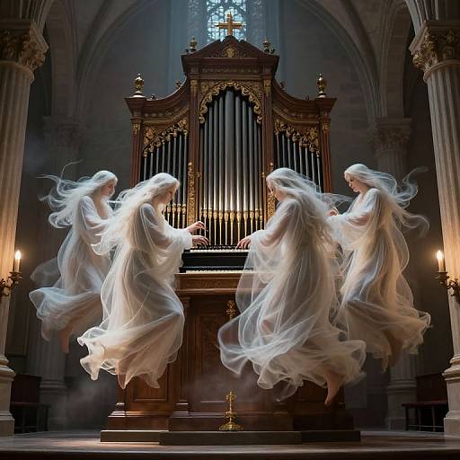 Photograph of ethereal white-robed angels in mid-air, dancing around a grand, ornate pipe organ in a dimly lit, Gothic-style