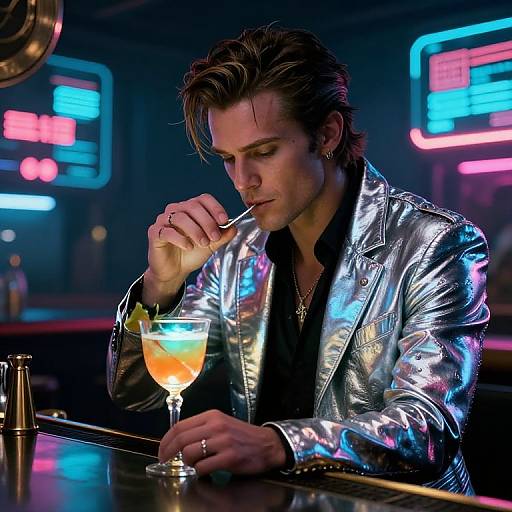 Photograph of a stylish man with slicked-back brown hair, wearing a shiny silver leather jacket, sipping a neon-colored cocktail in a dimly
