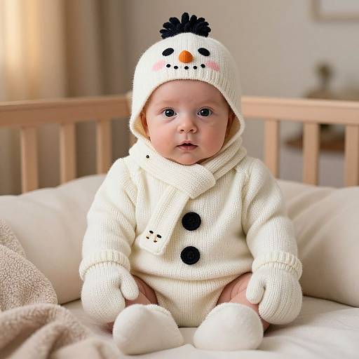 Photograph of a cute baby with fair skin, blue eyes, and rosy cheeks, wearing a white knit snowman outfit and hat, sitting on