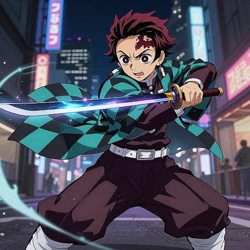 Anime-style digital drawing of a determined young man with red spiky hair, wielding a glowing sword in a neon-lit city street. He wears a