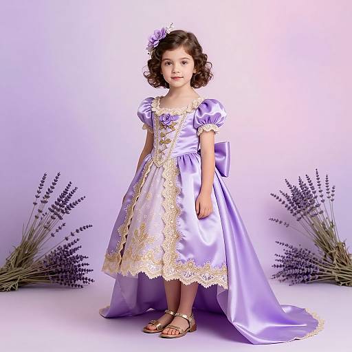 Photograph of a young girl with curly brown hair, wearing a lavender satin dress with gold lace, purple flower hairpin, and brown sandals, standing