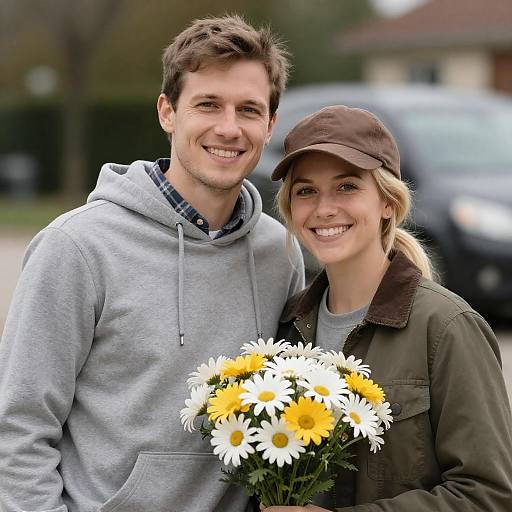 Smiling Couple with Colorful Bouquet