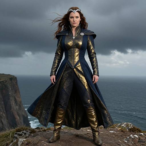 Photograph of a fierce woman with long brown hair, wearing a black and gold metallic superhero costume, standing on a cliff with a stormy ocean background