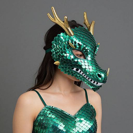 Photograph of an Asian woman wearing a green sequin dragon mask with gold antlers, long black hair, and a green sequin dress, against