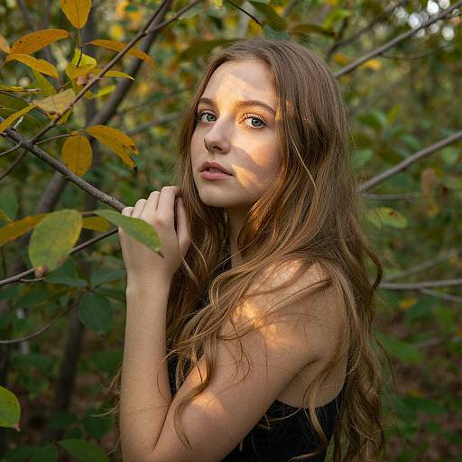 Photograph of a young woman with long brown hair, fair skin, and blue eyes, standing amidst autumn leaves, holding a branch, bathed in