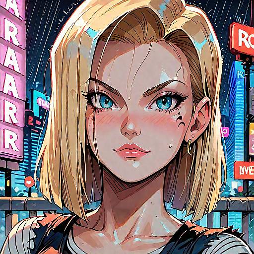 Digital anime-style drawing of a blonde woman with blue eyes, pink blush, and hoop earrings, standing in a neon-lit city at night. Rain