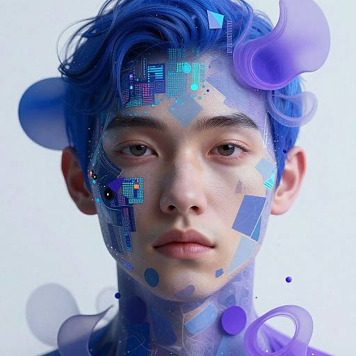 Digital portrait of a young Asian man with blue hair, cybernetic face with glowing blue and purple patterns, and translucent circular elements on a white background
