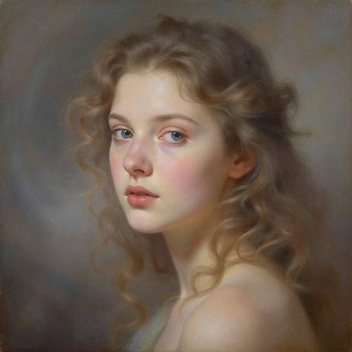 Classical portrait painting of a young woman with fair skin, blue eyes, and curly brown hair, gazing softly at the viewer.