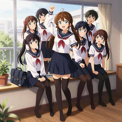 Anime Schoolgirls in Uniform on Rooftop Ledge