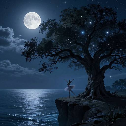 Digital artwork of a ballerina in a tutu standing on a cliff under a bright full moon, beside a silhouetted tree against a