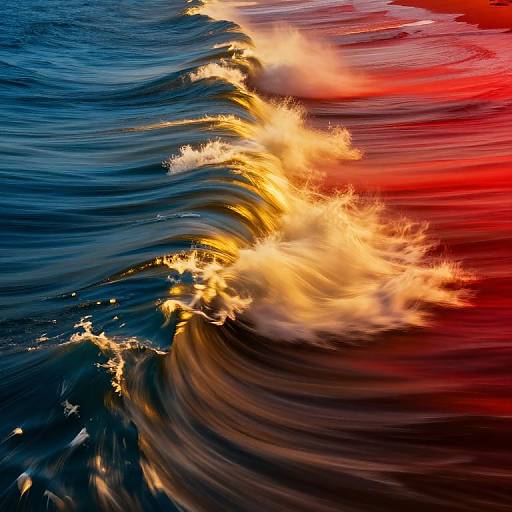 Dynamic photograph of a vibrant ocean wave, blending deep blue water with intense red and yellow lighting, creating a dramatic, swirling effect.