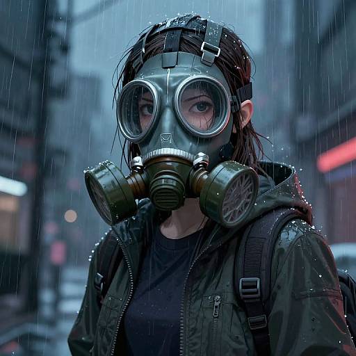 Cyberpunk-style photograph of a person with wet, dark hair, wearing a green gas mask, black hoodie, and rain-soaked jacket, in
