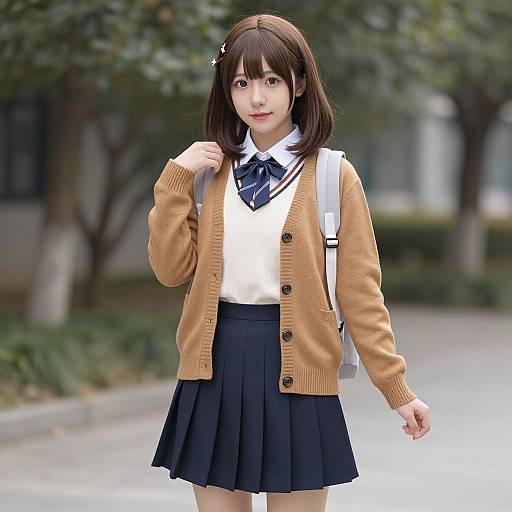 Photograph of an Asian teenage girl with brown hair, wearing a brown cardigan, white blouse, navy bowtie, and black skirt, standing on