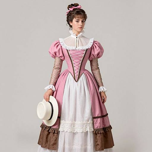 Photograph of a young woman in a Victorian-style pink and white dress with puffed sleeves, lace cuffs, and brown skirt trim, holding a white