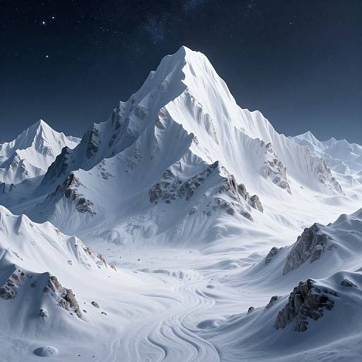 Photorealistic digital image of a luminous, snow-covered mountain range under a starry night sky, with icy textures and glowing white peaks.