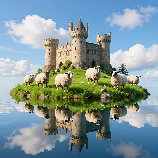 Fantasy illustration: Medieval stone castle with towers on a lush green island, surrounded by fluffy white sheep, reflected in a calm blue sky and water.