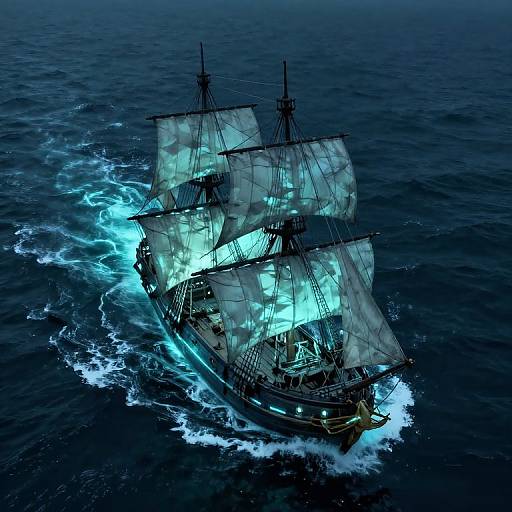 Digital artwork of a glowing blue-lit, classic sailing ship with three large sails cutting through dark, choppy ocean water.