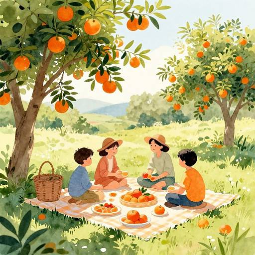 Illustration of four children sitting on a blanket in an orange grove, eating oranges and chatting, with sunlight filtering through trees.