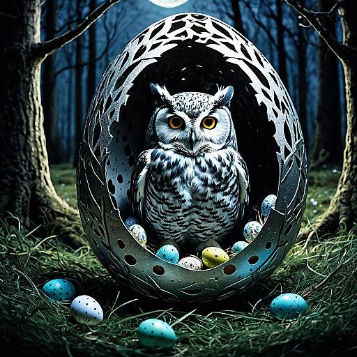Owl Inside Artistic Easter Egg Shell in Moonlit Forest