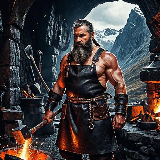 Stoic Mountain Dwarf Blacksmith at Forge