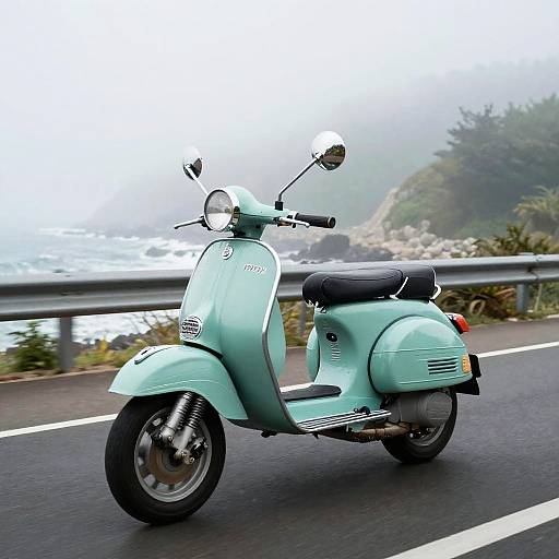 Photograph of a mint green vintage Vespa scooter on a foggy coastal road, with ocean and misty cliffs in the background.