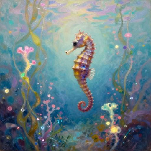 Vibrant digital painting of a colorful seahorse swimming amidst glowing underwater flora and fish, surrounded by swirling blue and purple light.