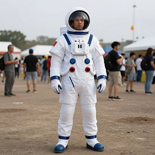 Photograph of an Asian man in a white astronaut suit with blue and red buttons, standing on a dusty outdoor event area, surrounded by blurred attendees and