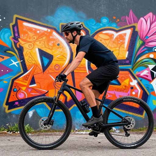 Cyclist on Black Mountain Bike with Graffiti Background