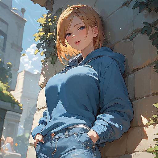 Digital anime-style drawing of a blonde woman with blue eyes, wearing a blue hoodie and jeans, leaning against a sunlit stone wall with ivy.