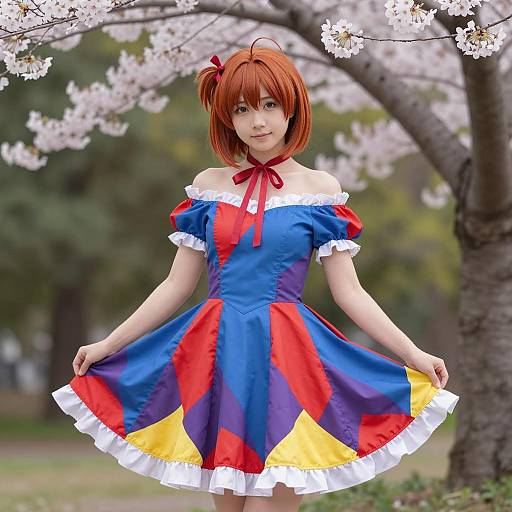 Anime Girl in Colorful Dress Under Cherry Blossoms