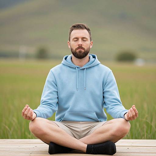 Photograph of a bearded man with short brown hair, wearing a light blue hoodie and beige shorts, meditating in a cross-legged position on a