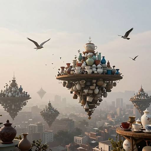 Fantastical CGI scene: floating teapot islands adorned with various teacups and vases, birds flying, cityscape below, soft pastel