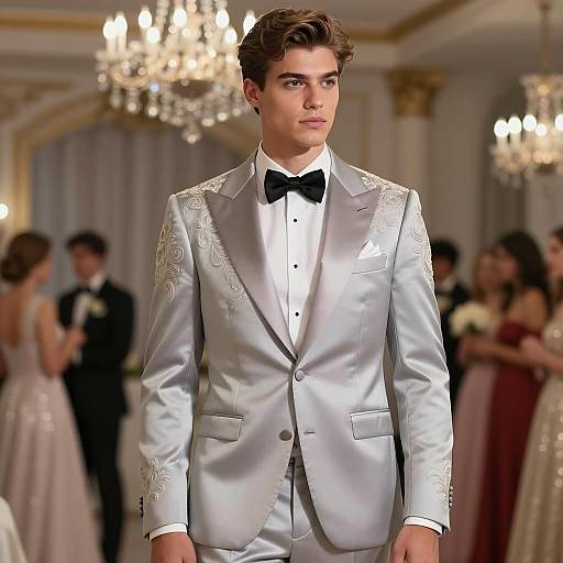 Handsome Groom in Silver Embroidered Tuxedo