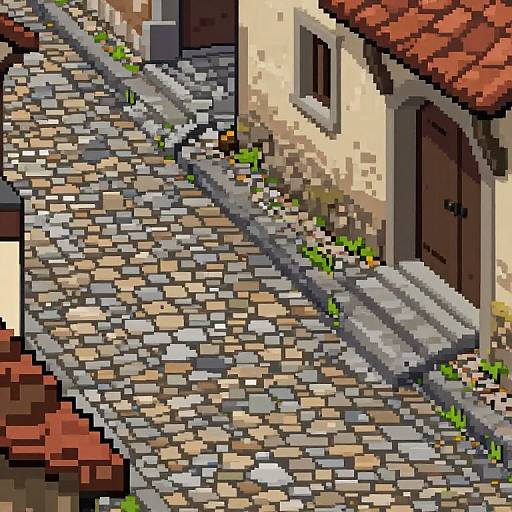 Pixel art of a steep, cobblestone alleyway between beige buildings with red roofs, featuring a brown door and green plants.