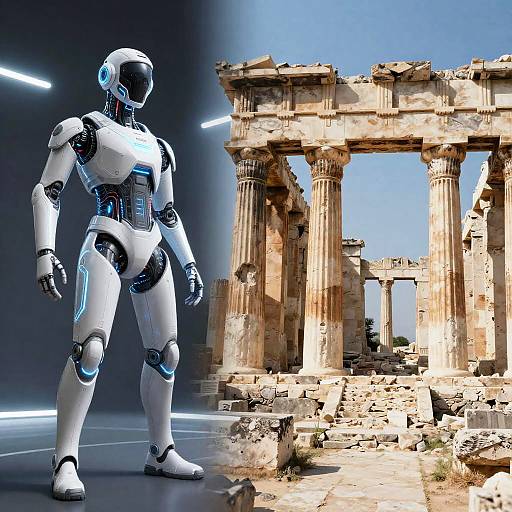 Photorealistic CGI: futuristic white humanoid robot with blue accents stands in front of ancient, sunlit Roman ruins, contrasting modern and ancient eras.