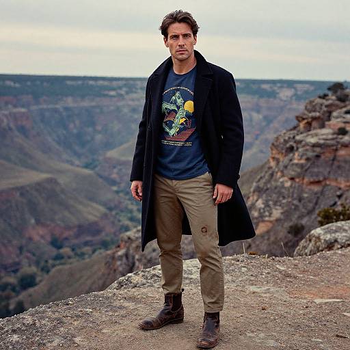 Photograph of a serious-looking man with short brown hair, wearing a black coat, dark blue graphic t-shirt, beige pants, and brown boots,